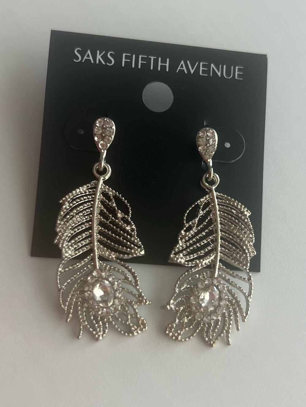 Saks Fifth Avenue Silver Feather Draped Rhinestone Statement Earrings